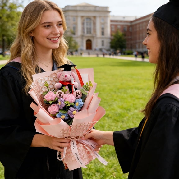 Graduation Bouquet - Hand-woven Plush Bear Keepsake with Multicolor Polyester Flowers, The Perfect Stylish Gift, 14.6 x 10.6 in, (Pink), Ccwuwei
