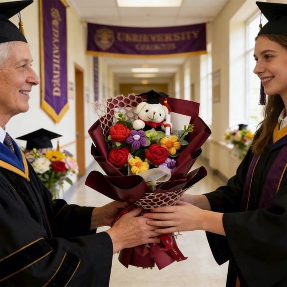 Graduation Bouquet - Hand-woven Plush Bear Keepsake with Multicolor Polyester Flowers, The Perfect Stylish Gift, 14.6 x 10.6 in, (Red), Ccwuwei