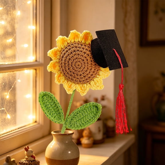 Graduation Bouquet Handmade Crochet Sunflower Smiling with Graduation Cap Knitted Artificial Flower Gift for Students Classmate