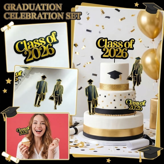 Graduation Cake Topper, Acrylic Cake Topper, BlackandGold Graduation Decorations, 6X3 In, Classof2026, College Graduation Decorations, Grad Party, Double Layer, 1 Pc