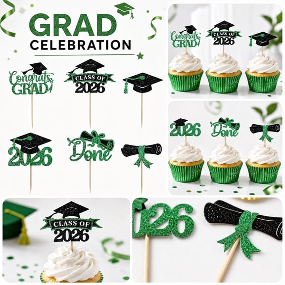 Graduation Cake Topper & Cupcake Picks, Congrats Grad 2024 Decorations for High or College Party, Glitter Dessert Toppers & Food Decorating Supplies, 1Pack A