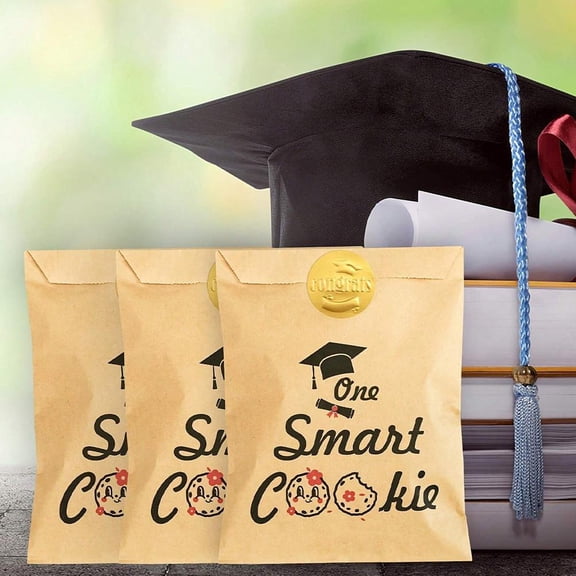 Graduation Candy Cookie Bags, One Smart Cookie Treat Bags, Kraft Paper Party Favor Bags, Self Adhesive Buffet Bags, Graduation Supplies, 25 or 50 Pack