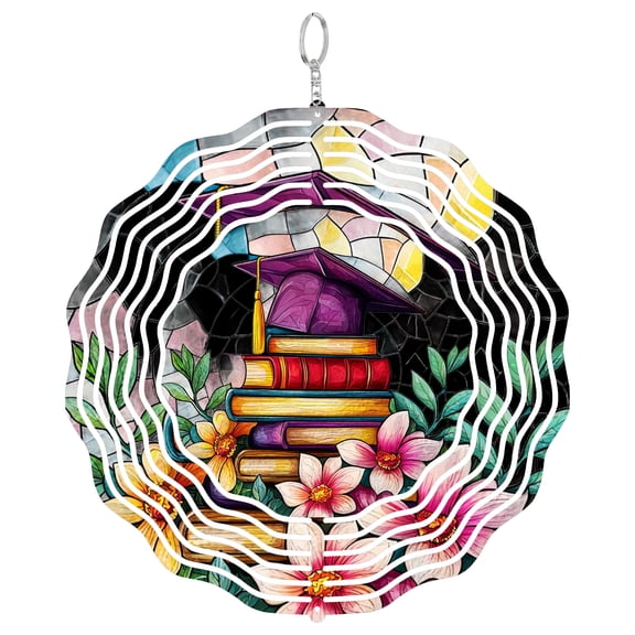 Graduation Cap 3D Wind Spinner Kinetic Stainless Steel Books Garden Decor