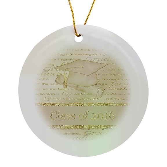 3drose, Graduation Cap and Diploma, Grad Words, Beige and Gold, Class of 2016, Circle Porcelain Ornament