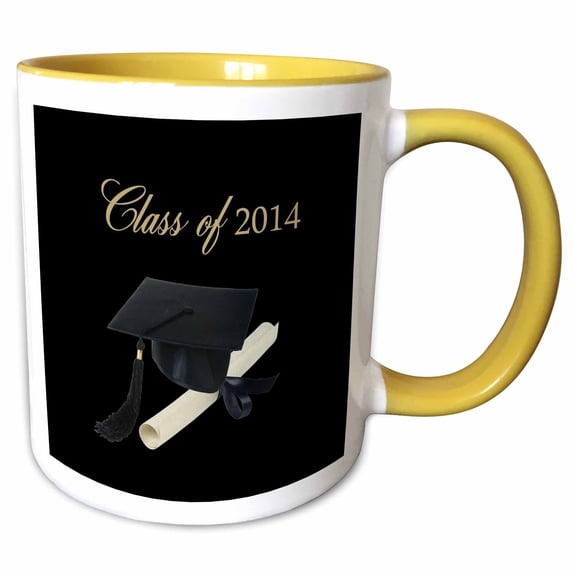 3drose, Graduation Cap and Diploma on Black, Class of 2014, 11oz Two-tone Yellow Mug