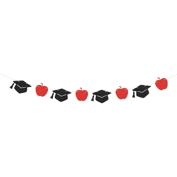 Graduation Cap Apple Banner Teacher Graduation Garland Banner Congrats Teacher Sign Teachers College Graduation Party Decorations Supplies Black Red Glitter