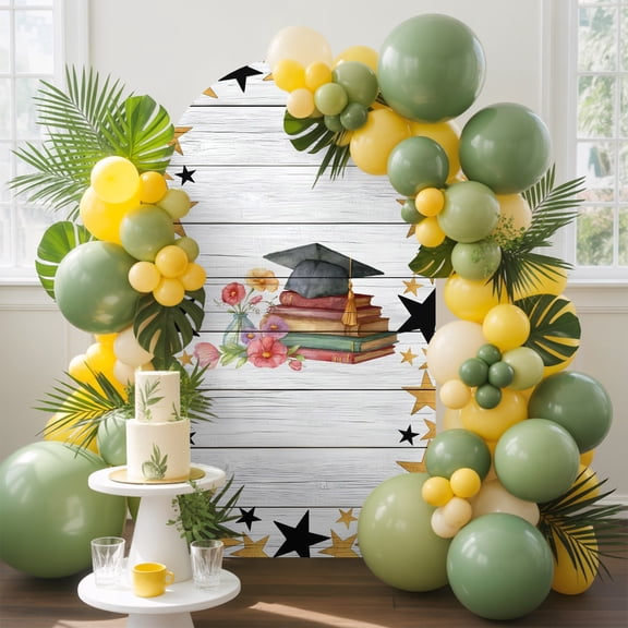 Graduation Cap Arch Backdrop Cover, 6FT, Watercolor Red Flower Gold Star Vintage Book Wood Striped Spandex Arch Covers Double-Sided Backdrop for Wedding Birthday Party Photo Background Decoration