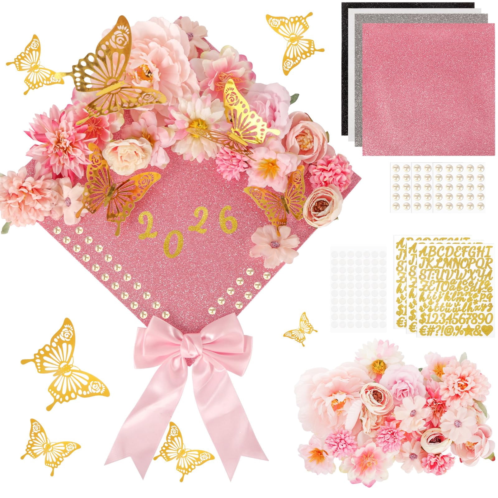 Graduation Cap Decoration Kit with Faux Flowers, 3D Butterflies and Adhesive Dots for Party