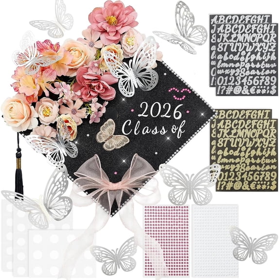 Graduation Cap Decorations Kit - Butterfly Stickers Glitter Rhinestones Alphabet Letter Number Stickers for DIY Grad Cap Topper 2026 Graduation Party Supplies ()