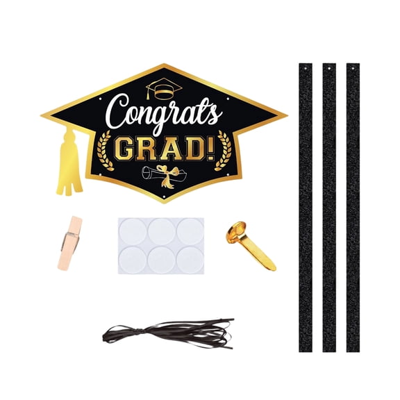 Graduation Cap Decorations Kit, Front Door Hanging Decor, Hanging Photo Display with Clips, 36 in Black Strips, 12 Photo Clips, 6 Dot Glue Spots, 1 Rope, 4 Fixing Clips, Grad