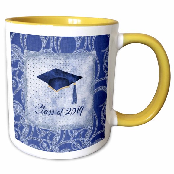 3drose, Graduation Cap, Diploma, Faded Dots, Blue Frame, Jewels, 2019, Blue, 11oz Two-tone Yellow Mug