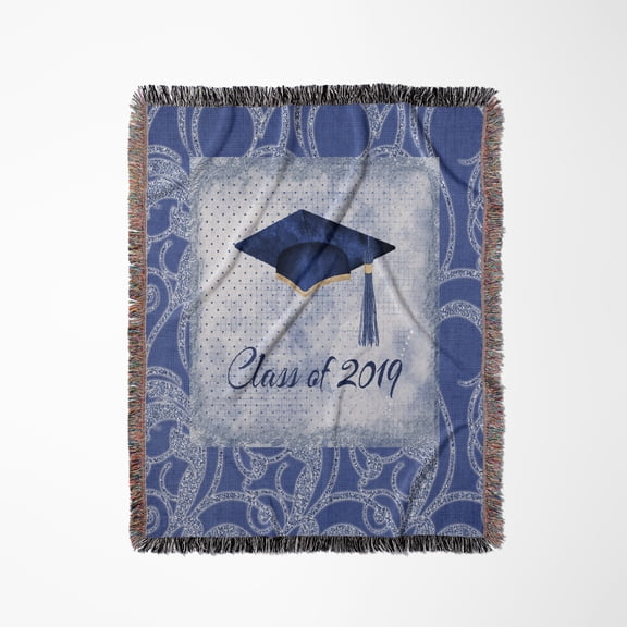 Graduation Cap, Diploma, Faded Dots, Blue Frame, Jewels, 2019, Blue, Woven Blanket