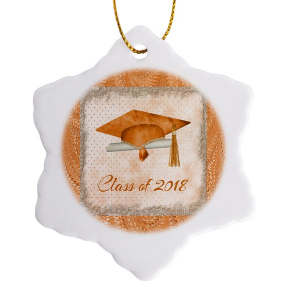 3drose, Graduation Cap, Diploma, Faded Dots, Frame, Feather, 2018, Orange, 3 inch Snowflake Porcelain Ornament