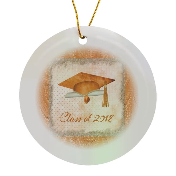 3drose, Graduation Cap, Diploma, Faded Dots, Frame, Feather, 2018, Orange, Circle Porcelain Ornament