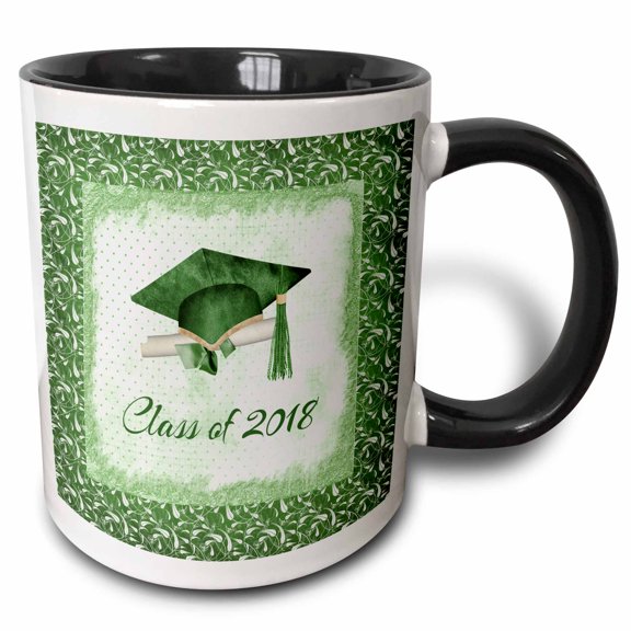 3drose, Graduation Cap, Diploma, Faded Dots, Green Frame, Leaves, 2018, Green, 11oz Two-tone Black Mug