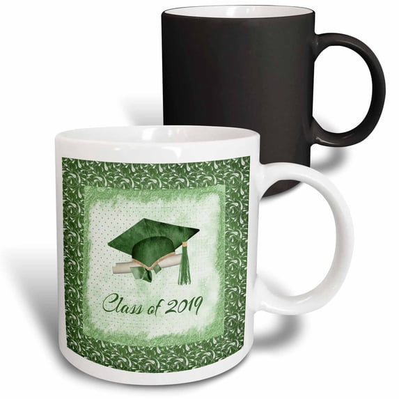 3drose, Graduation Cap, Diploma, Faded Dots, Green Frame, Leaves, 2019, Green, 11oz Magic Transforming Mug