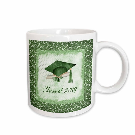 3drose, Graduation Cap, Diploma, Faded Dots, Green Frame, Leaves, 2019, Green, 11oz Mug