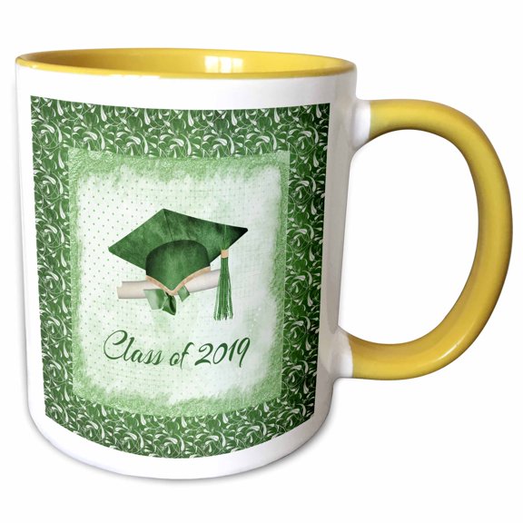 3drose, Graduation Cap, Diploma, Faded Dots, Green Frame, Leaves, 2019, Green, 11oz Two-tone Yellow Mug