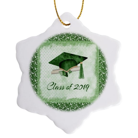 3drose, Graduation Cap, Diploma, Faded Dots, Green Frame, Leaves, 2019, Green, 3 inch Snowflake Porcelain Ornament