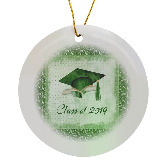 3drose, Graduation Cap, Diploma, Faded Dots, Green Frame, Leaves, 2019, Green, Circle Porcelain Ornament