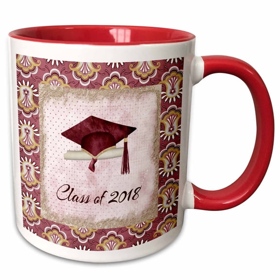 3drose, Graduation Cap, Diploma, Faded Dots, Pink Frame, Flower, 2018, Red, 11oz Two-tone Red Mug