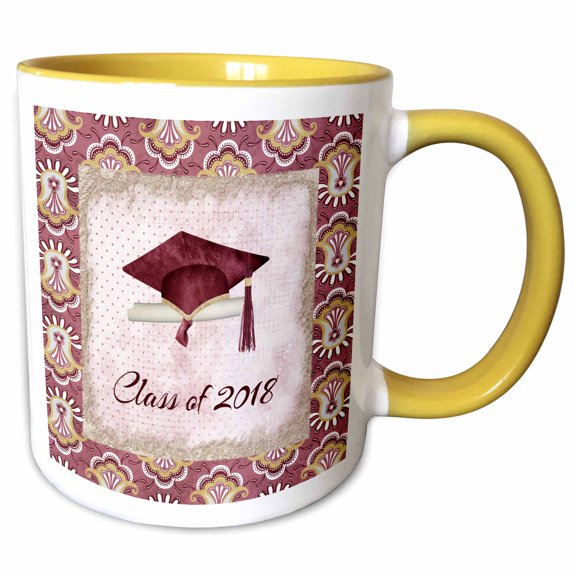 3drose, Graduation Cap, Diploma, Faded Dots, Pink Frame, Flower, 2018, Red, 11oz Two-tone Yellow Mug