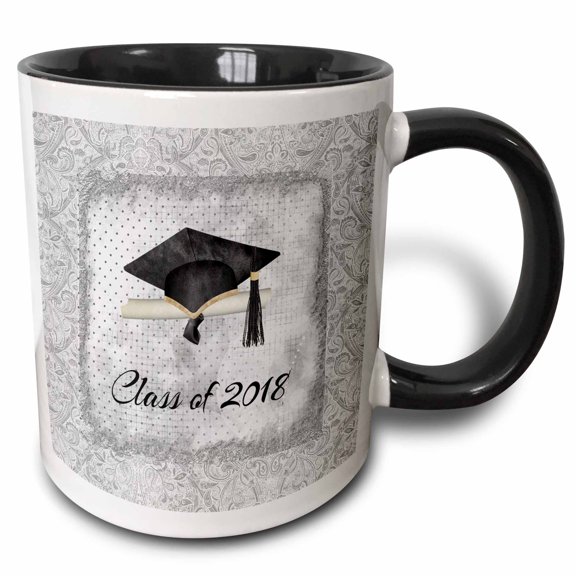 3drose, Graduation Cap, Diploma, Faded Dots, Silver Frame, Vines, 2018, Black, 11oz Two-tone Black Mug