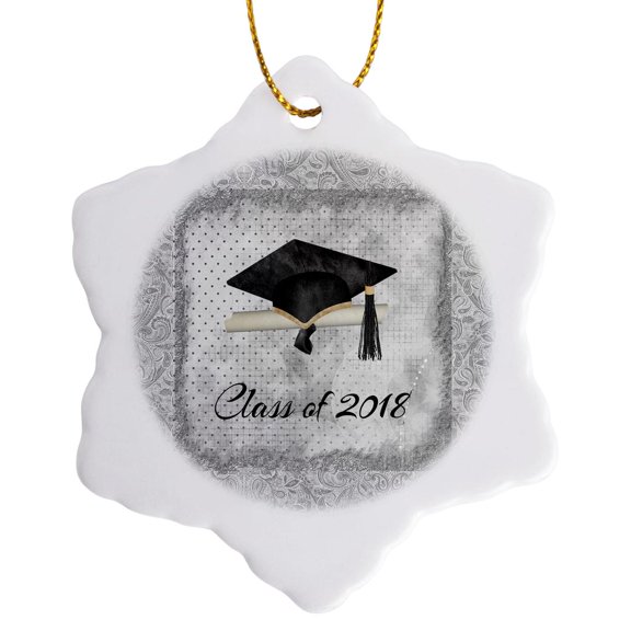 3drose, Graduation Cap, Diploma, Faded Dots, Silver Frame, Vines, 2018, Black, 3 inch Snowflake Porcelain Ornament