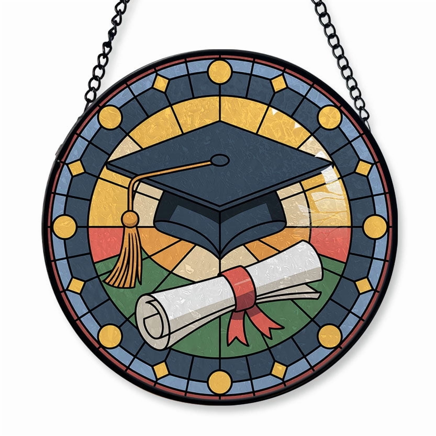 A Graduation Cap and Diploma Stained Glass Suncatcher Window Hanging – Custom Text Christmas Window Hanging for Family & Friends, Man or Woman, Christmas 2025 Tree Decoration