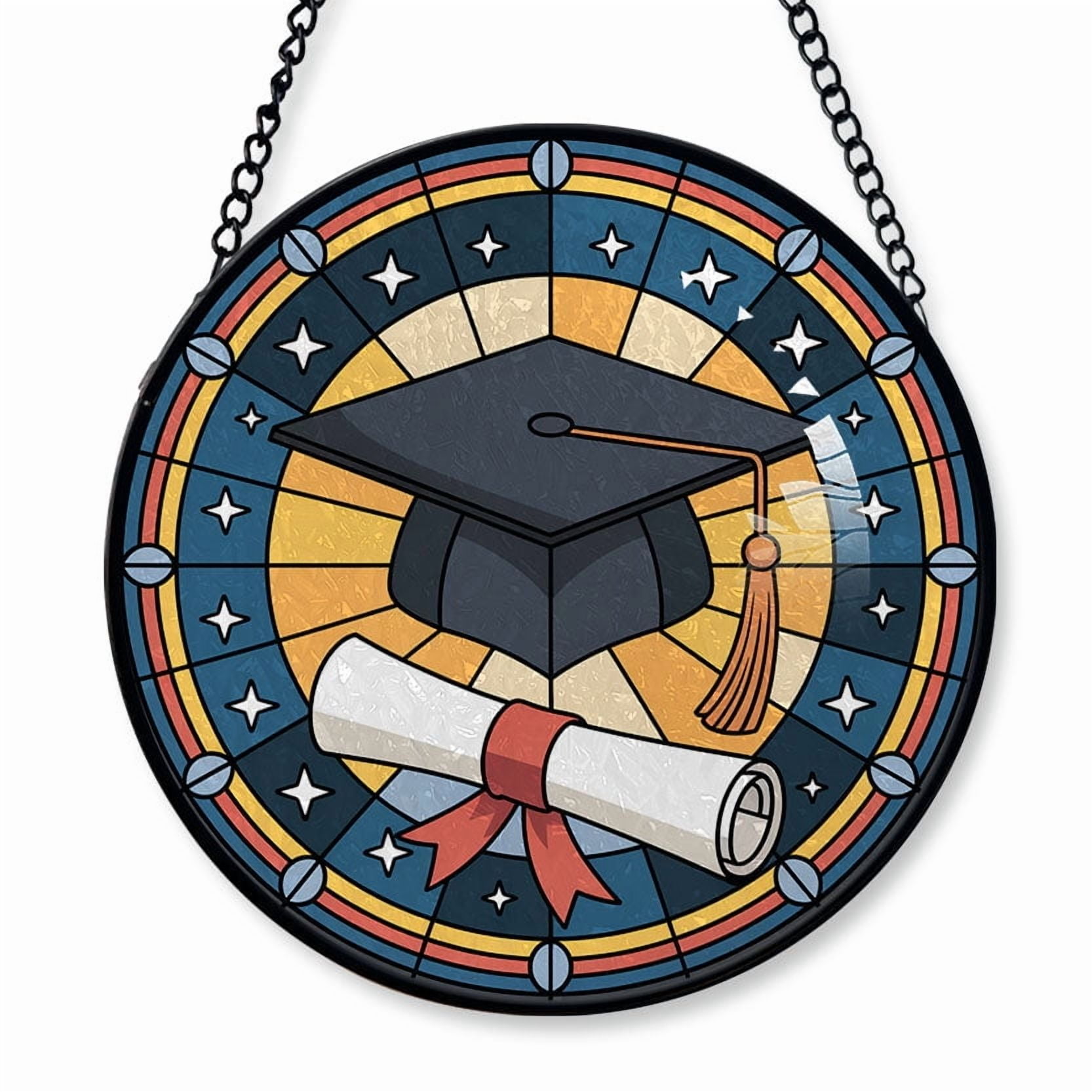 A Graduation Cap and Diploma Stained Glass Suncatcher Window Hanging – Customizable Window Hanging for Loved Ones, Family or Friends, Christmas 2025 Holiday Tree Decoration