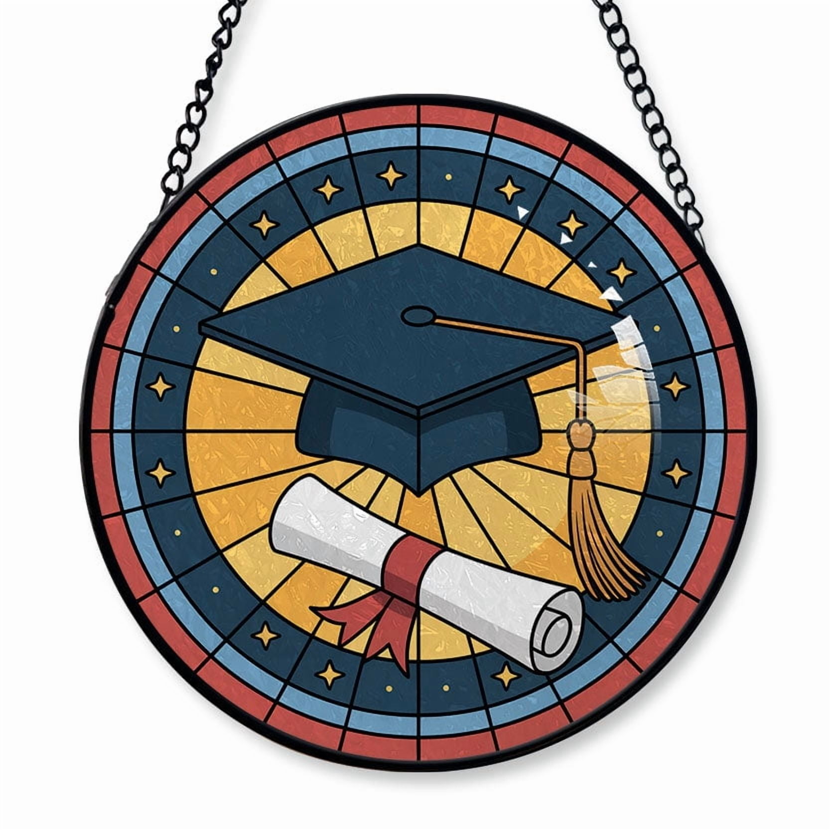 A Graduation Cap and Diploma Stained Glass Suncatcher Window Hanging – Holiday Window Hanging Gift with Custom Text for Family, Friends, Man & Woman, Christmas 2025 Tree Keepsake