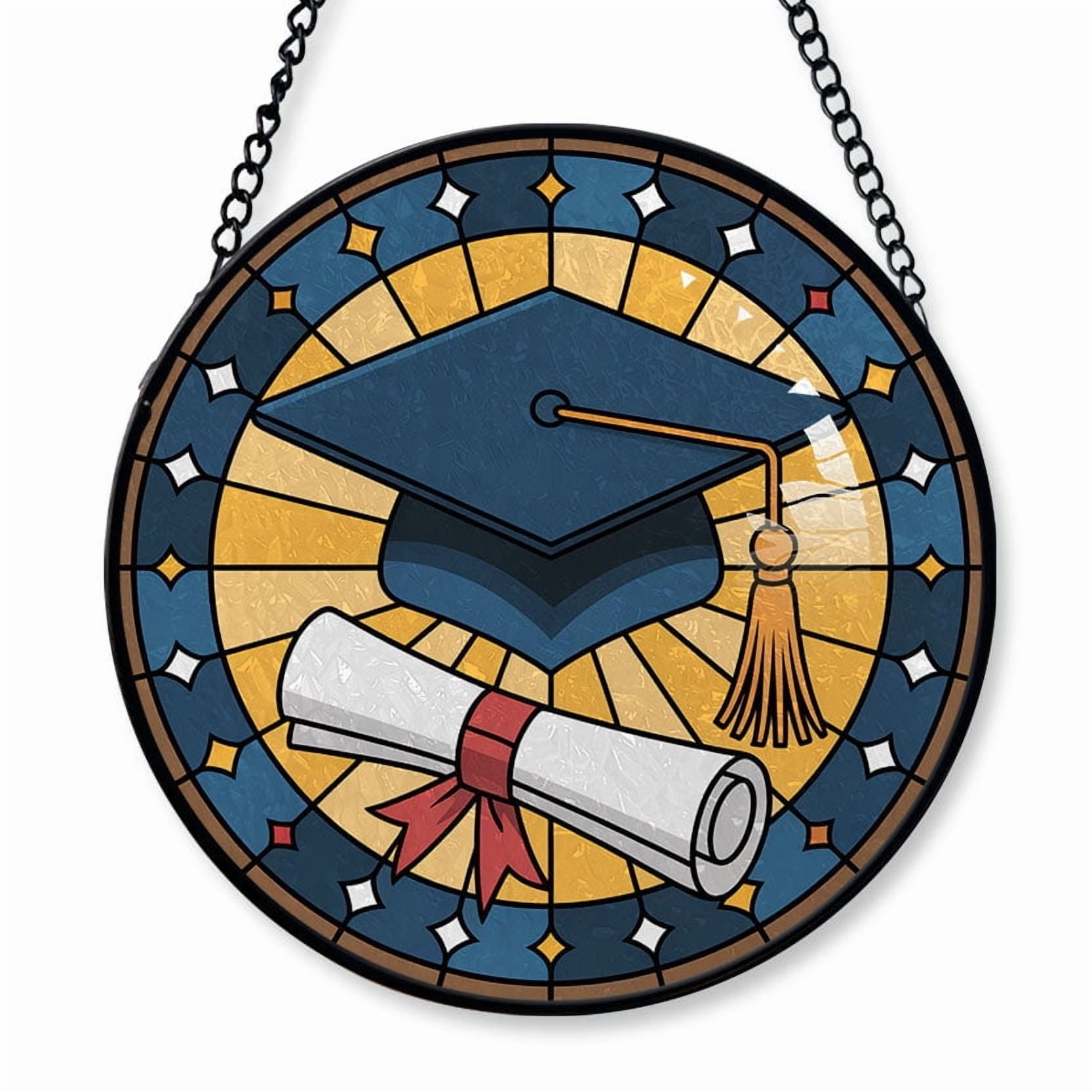 A Graduation Cap and Diploma Stained Glass Suncatcher Window Hanging – Holiday Window Hanging Gift with Custom Text for Family, Friends, Man & Woman, Christmas 2025 Tree Keepsake