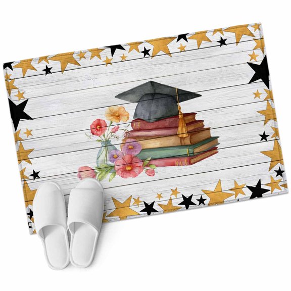 Graduation Cap Floral Bathroom Rug Washable 2x3 Entryway Rug Non Slip Farmhouse Books Star Gray Wooden Front Door Mat Low Pile Indoor Doormat Throw Floor Carpet for Kitchen Bedroom Entrance