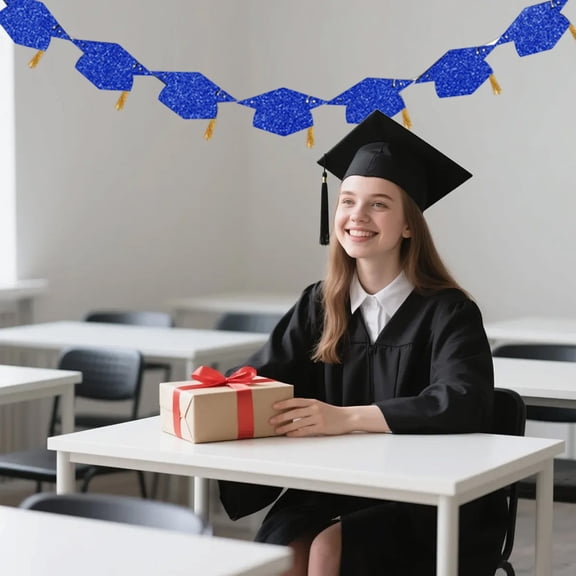 Graduation Cap Garland Banner, 10ft Blue Glitter Mortarboard Bunting for Graduation Party Decor, Pre-Assembled Graduation Banner for Photo Backdrop, Wall Hanging Decor for Class of 2026