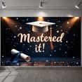 thumbnail image 1 of Graduation Cap Mastered it Banner Golden Text Academic Backdrop Sparkling Stars Dark Background Success Background for Graduation Party University Ceremony Master's Celebration, 1 of 9