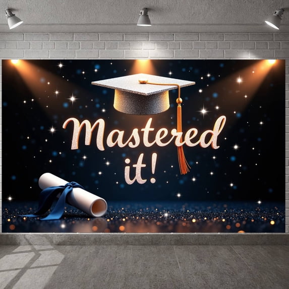 Graduation Cap Mastered it Banner Golden Text Academic Backdrop Sparkling Stars Dark Background Success Background for Graduation Party University Ceremony Master's Celebration