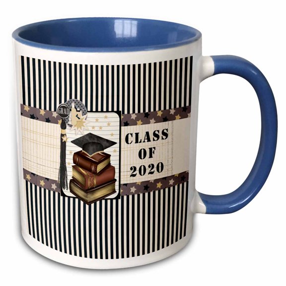 3drose, Graduation Cap on Books, Tassel on Stars, Stripes, Class of 2020, Gold, 11oz Two-tone Blue Mug