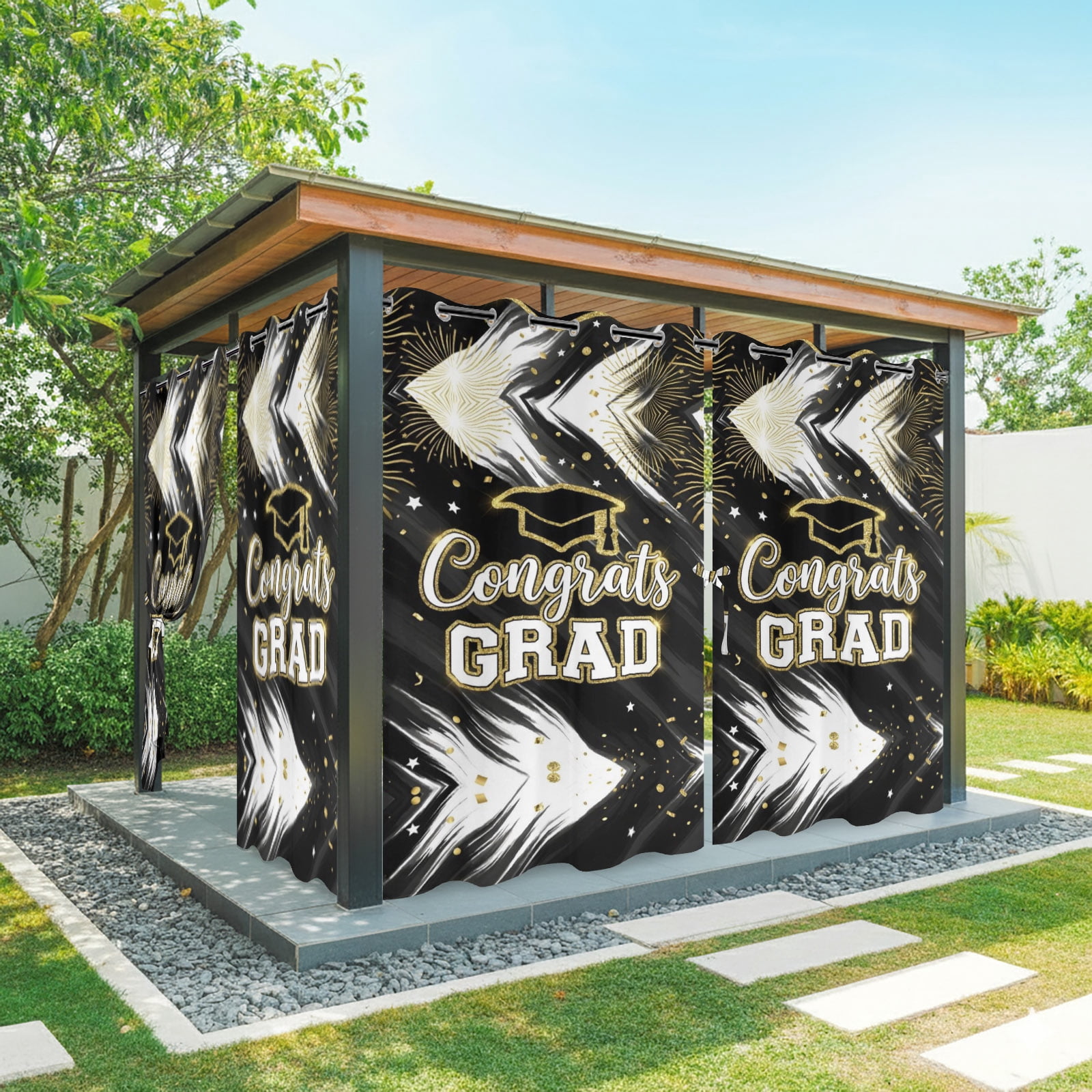 Graduation Cap Outdoor Curtains for Patio, Modern Black Gold Firework Glitter Star Sunshade Privacy Drapes Grommet Waterproof Outside Curtains for Porch/Cabana/Balcony 54"x 108", 1 Panel