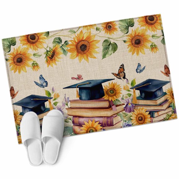 Graduation Cap Sunflowers Bathroom Rug Washable 2x3 Entryway Rug Non Slip Farmhouse Books Burlap Front Door Mat Low Pile Indoor Doormat Throw Floor Carpet for Kitchen Bedroom Entrance