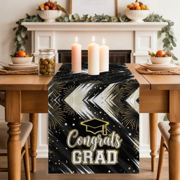 Graduation Cap Table Runner 18x72 Inch Modern Black Gold Firework Glitter Star Cotton Linen Dining Table Runner Ideal for Dresser Kitchen Coffee Tables - Machine Washable