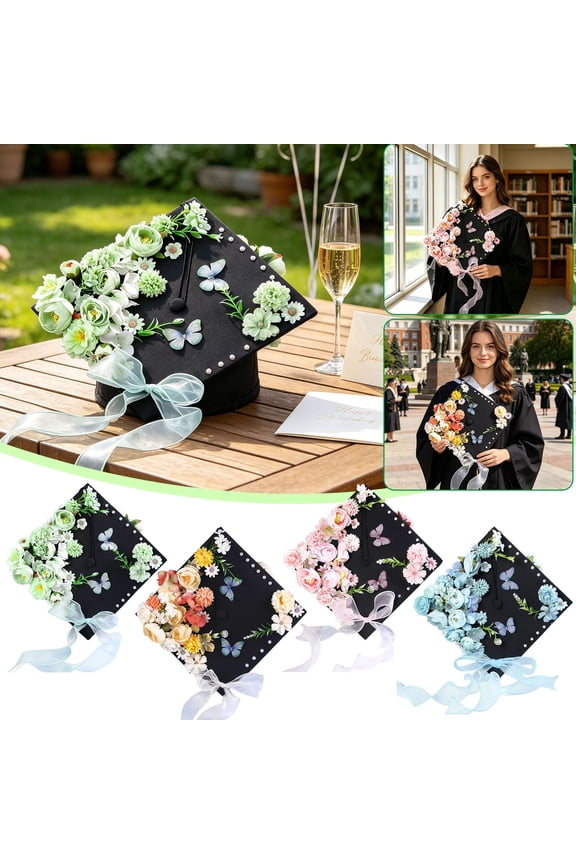 Graduation Cap Topper with Silk Flowers, Handmade Artificial Flower Bows Graduation Cap Decorations, Pre-Made Floral Bachelor's Hat for Party Photography(Blue)
