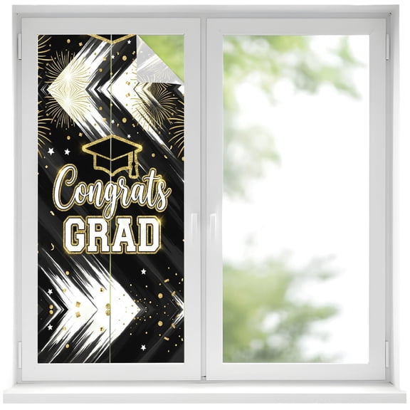 Graduation Cap Window Privacy Film Modern Black Gold Firework Glitter Star Decorative Glass Window Film UV Blocking Static Cling Non-Adhesive Sticker Covering for Home Door 19.6 x 39.3 inches