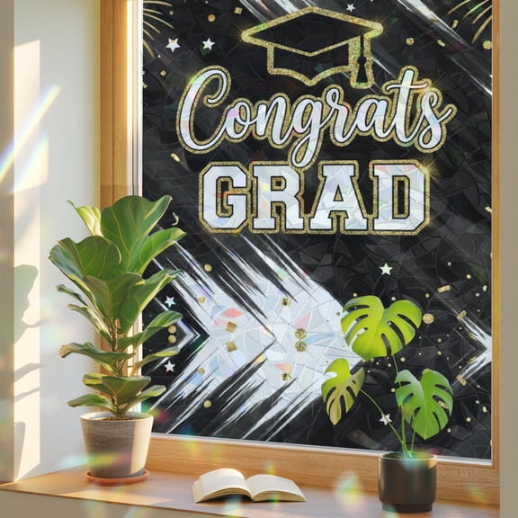 Graduation Cap Window Privacy Film, Modern Black Gold Firework Glitter Star Stained Glass Rainbow Film Decorative Window Clings, Static Cling Sun Blocking Stickers 17.7" x 39.3"