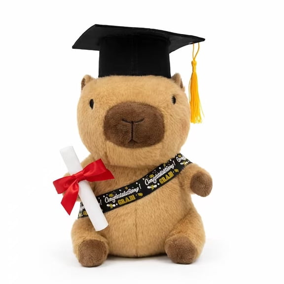 Capybara Plush Toy, 10.6" Stuffed Animal with Graduation Cap and Diploma, Soft Gift for Class of 2026, Brown/Pink/White