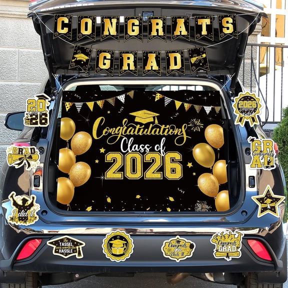 Graduation Car Decorations Kit - Class of 2026 Congrats Grad Car Decorations with Graduation Flag Backdrop Cardboards for High School College Party Supplies Parade Favors(Black and Gold)