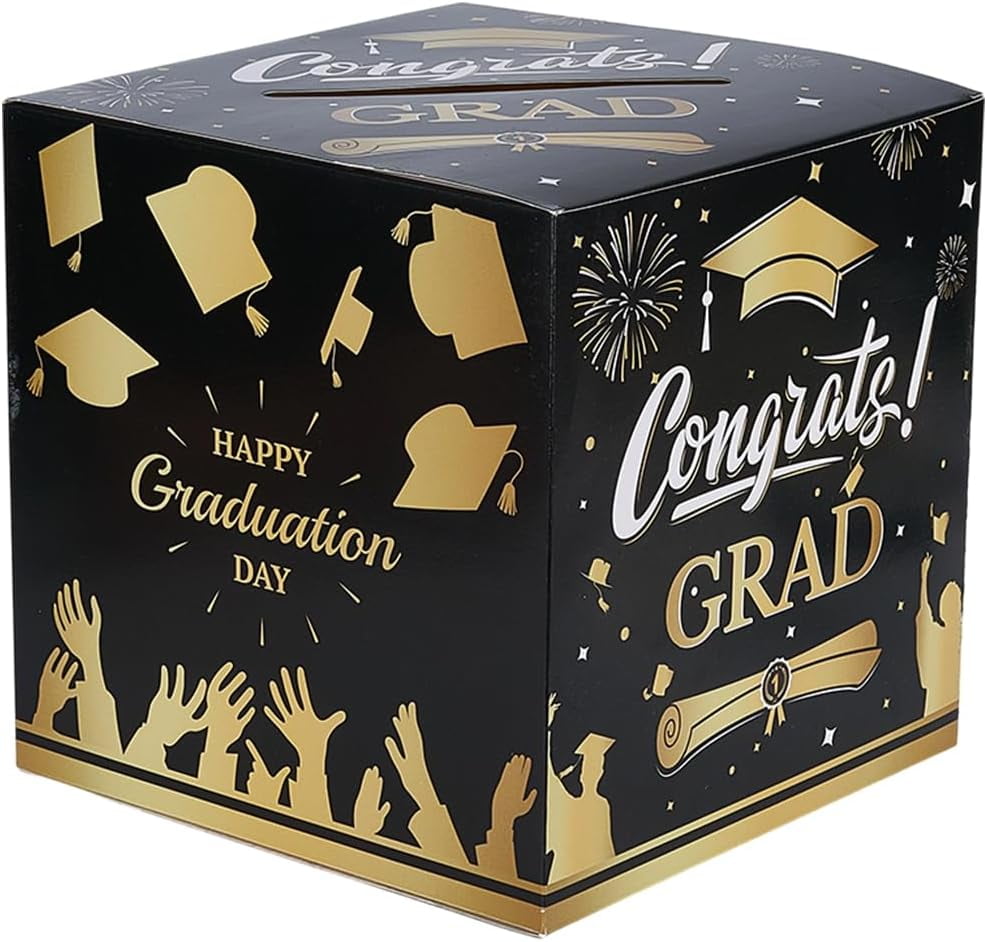 Graduation Containers Graduation Card Box Grad Party Favor Boxes Square Black Gold Hats ...