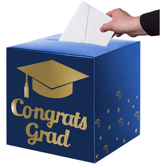 Graduation Card Box Holder, Congrats Grad Foldable Cardboard Decorations Box for Graduation Party Decoration and Grad Parties (Blue)