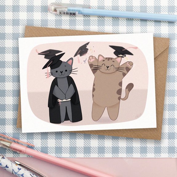 Graduation Card Featuring Adorable Cats in Caps Perfect Congratulations Card for Recent Grads Blank Inside with Envelope Included