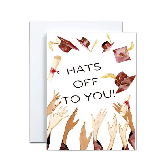Graduation Card - "Hats Off to You!" - Celebratory Design with Hands and Graduation Caps - Blank Inside with Envelope - Perfect for High School, College, or University Graduates