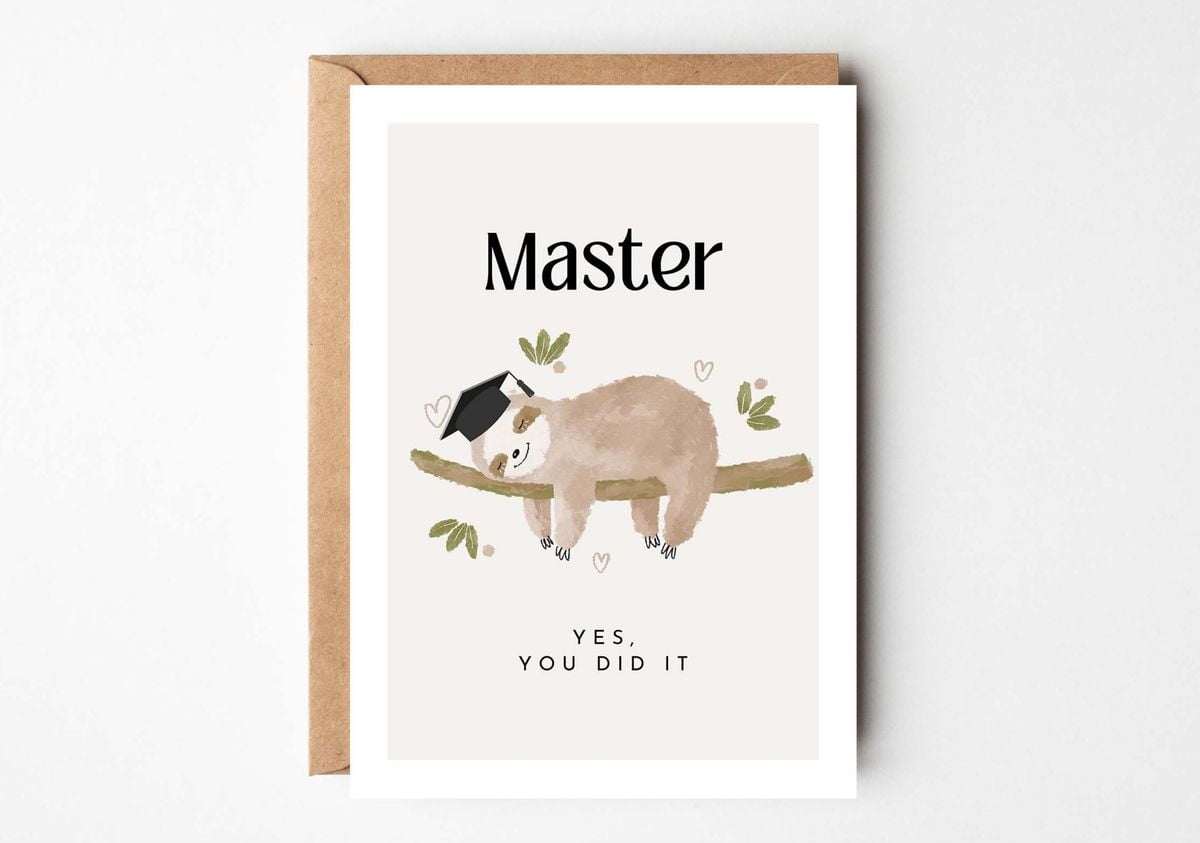 Graduation Card for Masters Degree Cute Sloth Design with Graduation Cap "Yes, You Did It" Perfect for Celebrating Achievements & Success Envelope Included